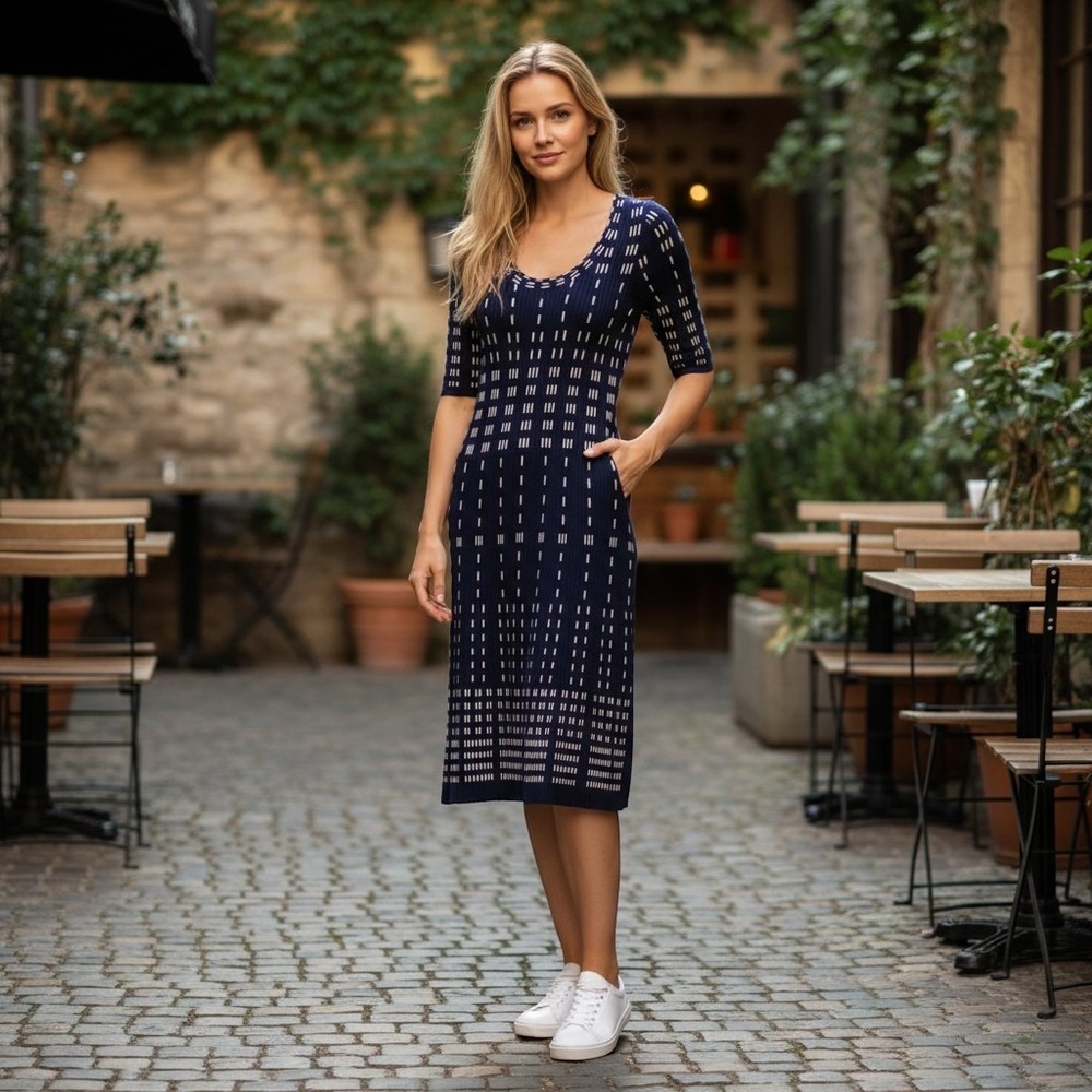 Roz & Ali Dress Women Navy/White Geometric Ribbed Knit Scoop Neck A-Line L
